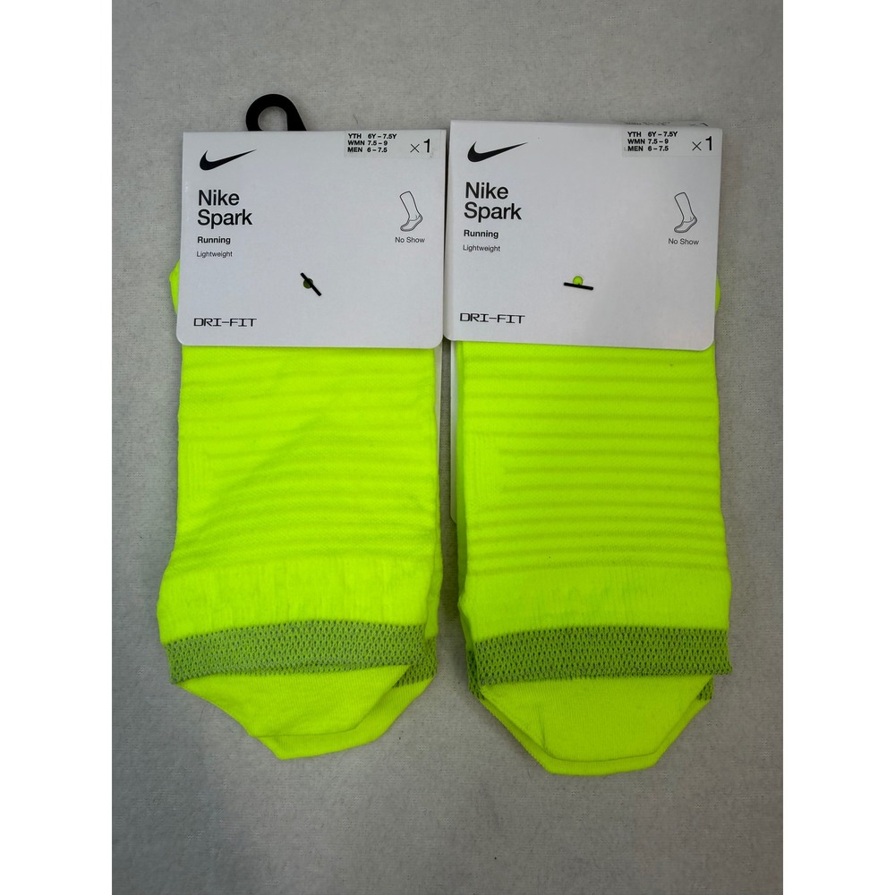 2 pair Nike Spark No-Show Running Socks Volt Yellow Mens 6-7.5 Womens 7.5-9 NWT
